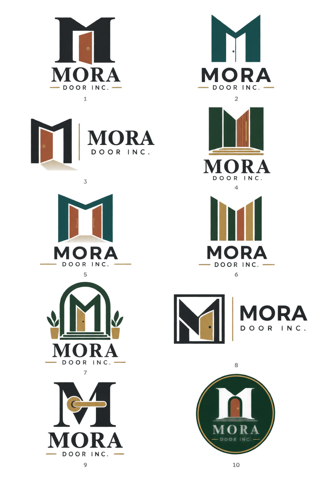 Ten numbered Mora Door logo directions showing the letter M combined with door and doorway forms
